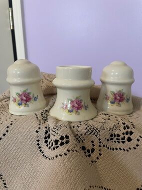 Vintage Floral Ceramic Salt and Pepper Shakers with egg cup - Cream Pink